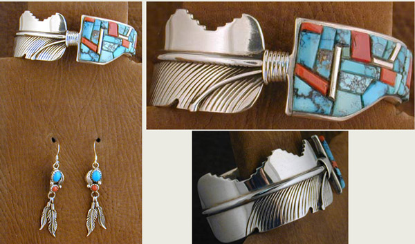 SS Turquoise & Coral Feather Inlaid Set - BRACELET