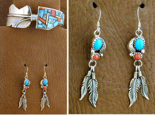 SS Turquoise and Coral Feather Inlaid Set - EARRINGS