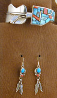 SS Turquoise and Coral Feather Inlaid Set - EARRINGS