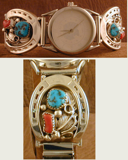 SS Mens Horseshoe Turquoise and Coral Watch